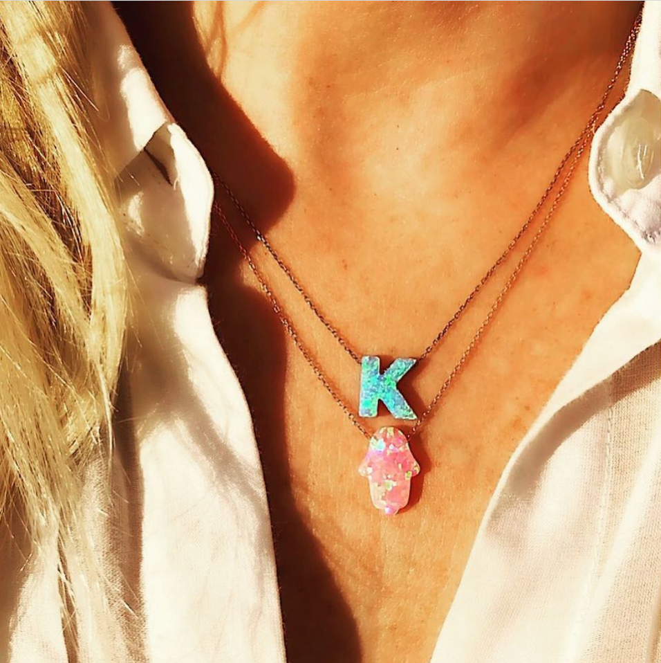 Pink or Green Opal Hamsa Hand Necklace