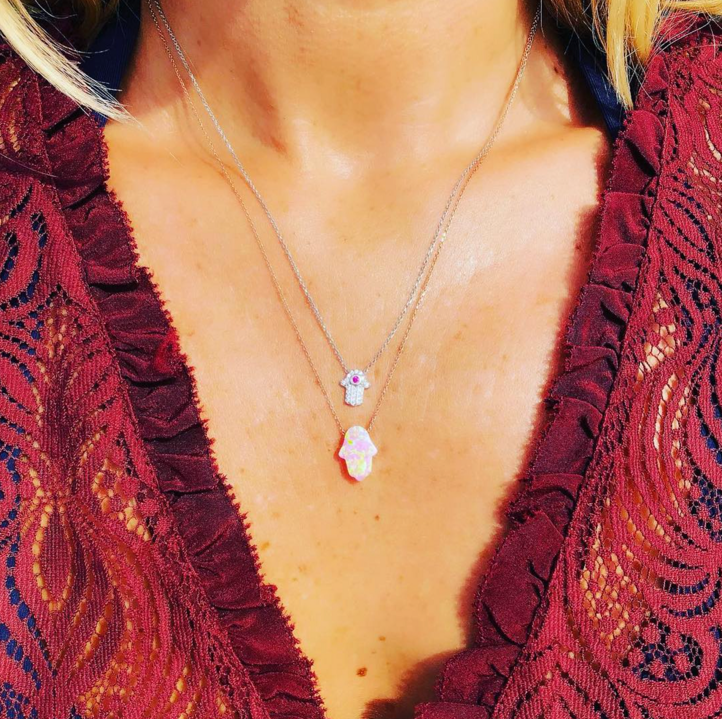 Pink or Green Opal Hamsa Hand Necklace