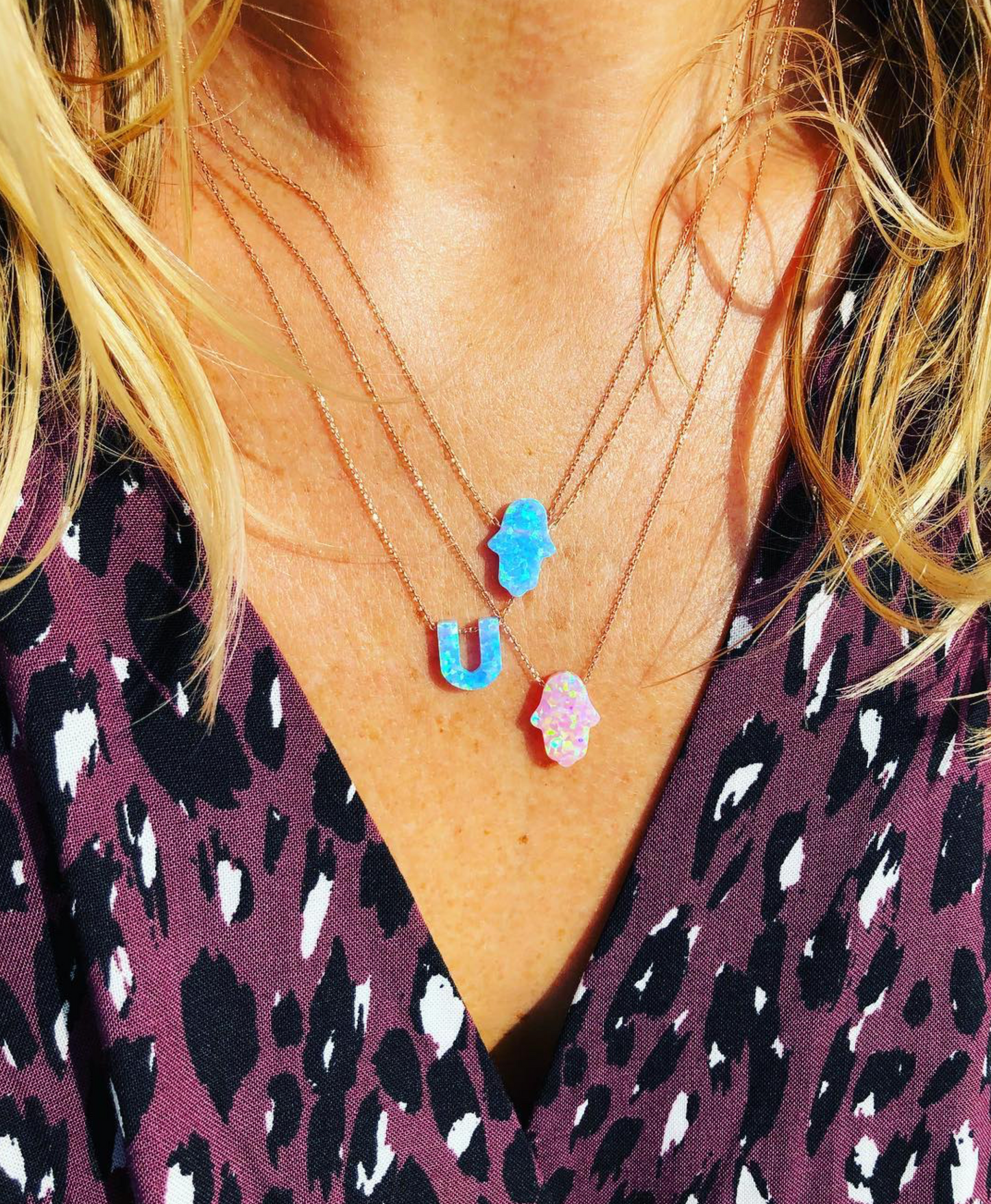 Pink or Green Opal Hamsa Hand Necklace