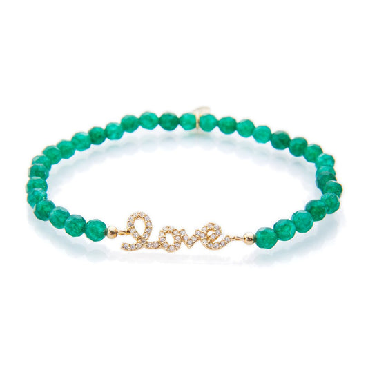 Faceted Green Jade Beaded Bracelet with 'love' Script Charm