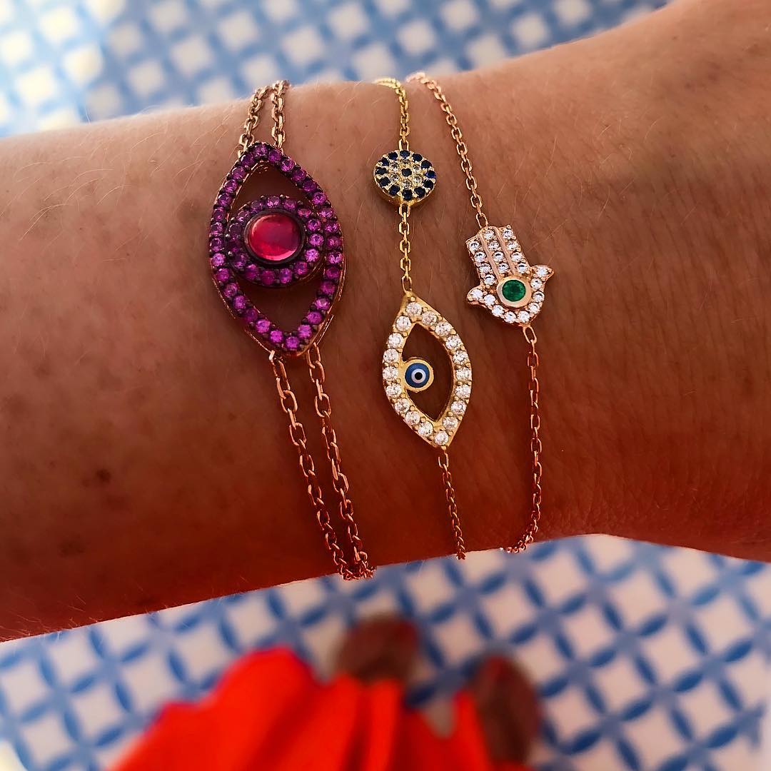 Mini Crystal Hamsa Hand Bracelet with Green Eye