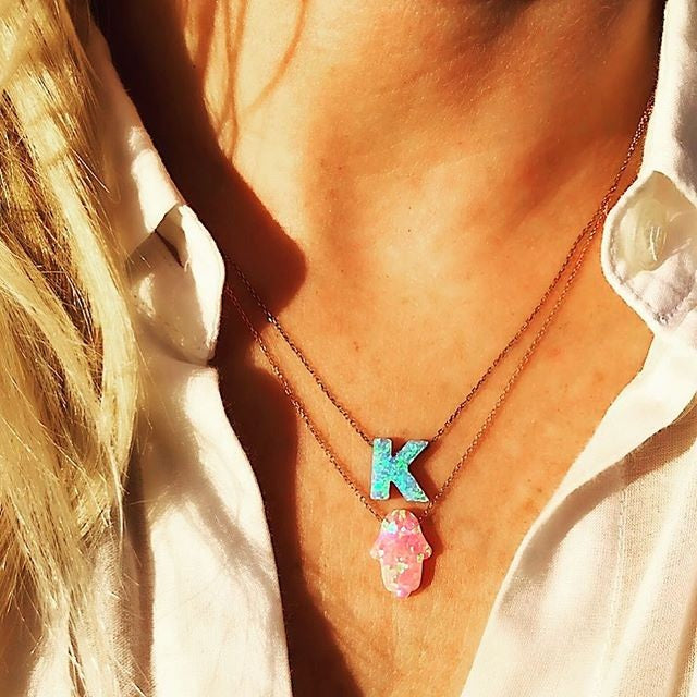 Alphabet K Letter - Opal Necklace