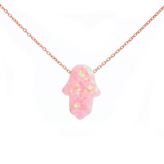 Pink or Green Opal Hamsa Hand Necklace