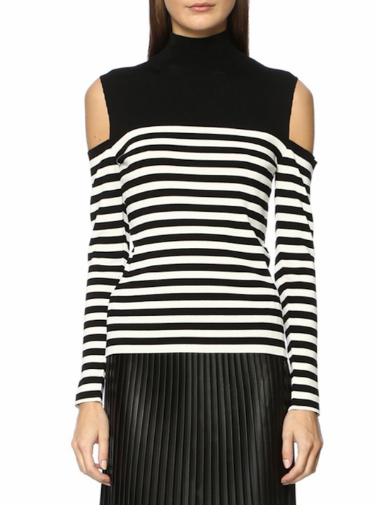 Slim Fit Black and White Stripe Top with Shoulder Detail - Long Sleeves