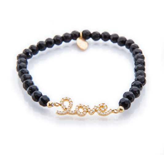 Black Onyx Beaded Bracelet with 'love' Script Charm