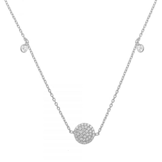 Long pave disk necklace with drop crystals in between