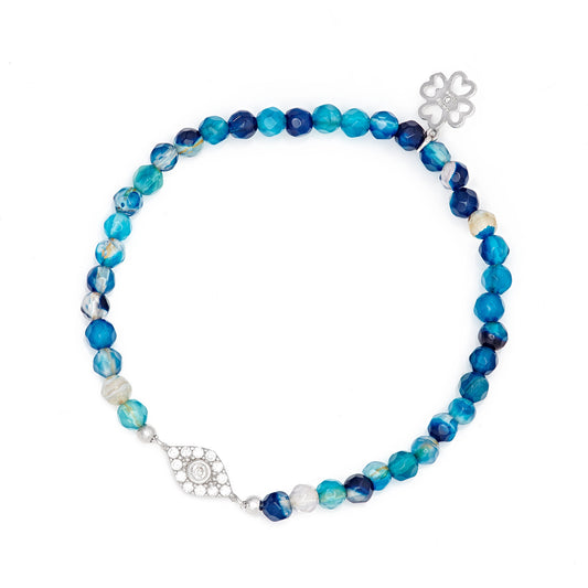 Blue Agate Beaded Bracelet With Mini Crystal Evil Eye Charm