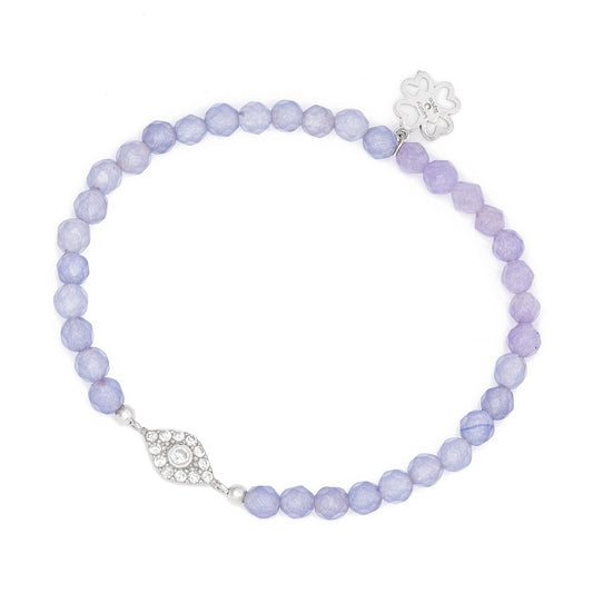 Lilac Lavender Beaded Bracelet with Mini Crystal Evil Eye Charm