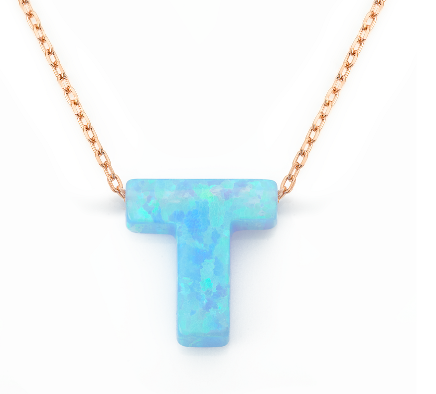 Alphabet T Letter - Opal Necklace