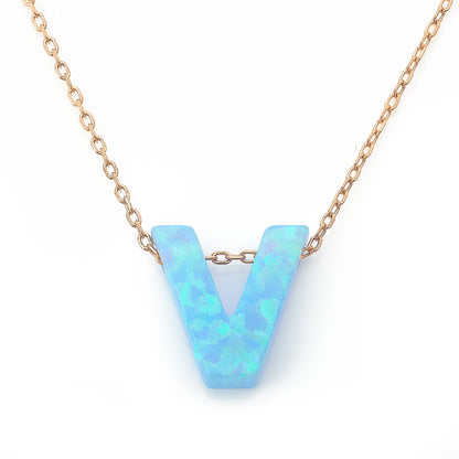 Alphabet V Letter - Opal Necklace