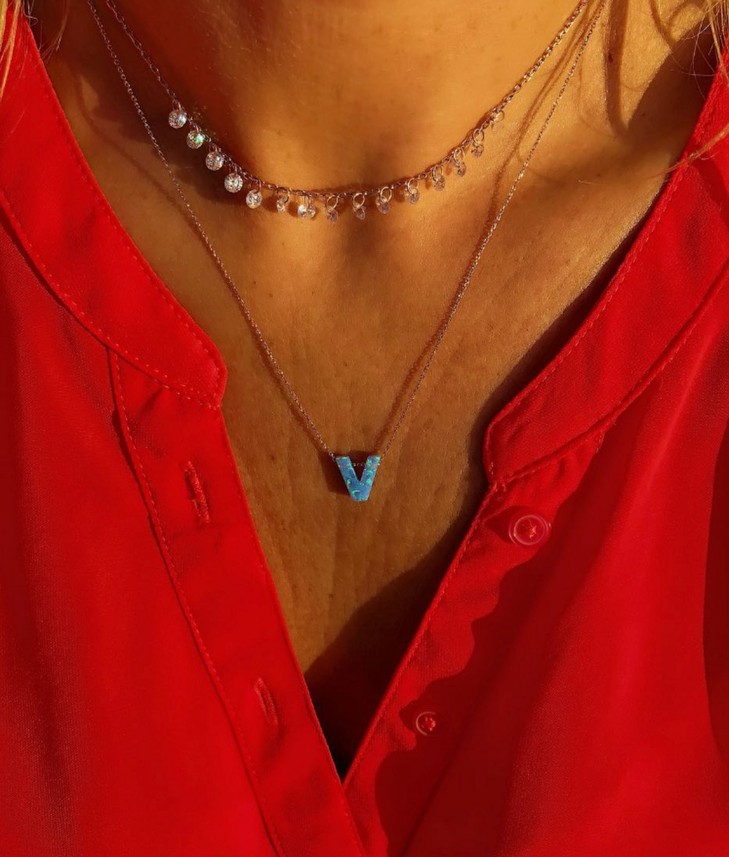 Alphabet V Letter - Opal Necklace